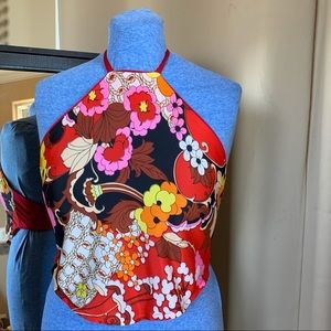 Red Abstract Floral Design Halter Top